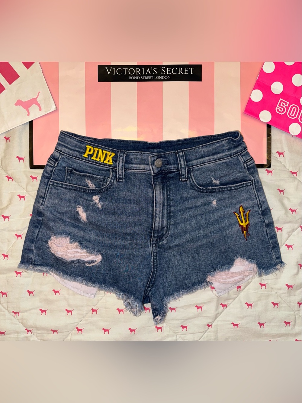 VS PINK VINTAGE Y2K CUTOFF DISTRESSED JEAN SHORTS ASU ARIZONA STATE SUN DEVILS 4